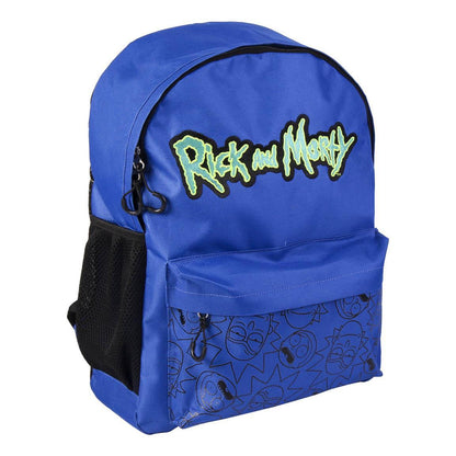 Ghiozdanul Rick and Morty albastru, vedere frontală din semiprofil